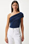 Women's Navy Blue Single Shoulder Drawstring Knitted Blouse Dz00112 - 3