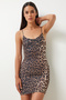 Women's Black Beige Leopard Patterned Rope Strap Mini Knitted Dress Gu00001 - 2