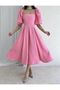 Pink Square Neck Balloon Sleeve Pleated Midi Length Dress - 4