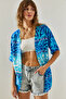 Women's Blue Ethnic Patterned Short Sleeve Viscose Kimono 60251374 - 4