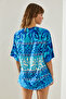 Women's Blue Ethnic Patterned Short Sleeve Viscose Kimono 60251374 - 5