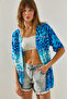 Women's Blue Ethnic Patterned Short Sleeve Viscose Kimono 60251374