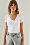 Women's Ecru Pleated Double Breasted Collar Ribbed Detailed Basic 5621 T-Shirt 60251368 - 2