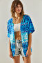 Women's Blue Ethnic Patterned Short Sleeve Viscose Kimono 60251374 - 2