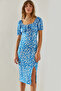 Women's Blue Tie-Front Watermelon Sleeve Daisy Patterned Slit Detailed Dress 60251371