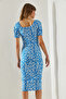 Women's Blue Tie-Front Watermelon Sleeve Daisy Patterned Slit Detailed Dress 60251371 - 6