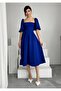 Women's Balloon Sleeve Strapless Neckline Satin Fabric Flared Short Balloon Sleeve Midi Length Blue Cobalt 104