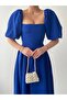 Women's Balloon Sleeve Strapless Neckline Satin Fabric Flared Short Balloon Sleeve Midi Length Blue Cobalt 104 - 5