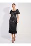 Jacquard Faux Fur Detail Belted Midi Dress - 5