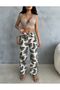 High Waist, Elastic Waist, Pocketed, Flared Linen Wide-Leg Summer Green-Beige Thin Leaf Patterned Trousers - 5