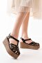 684-02 Black Orthopedic Genuine Leather Wedge Women's Sandals - 5