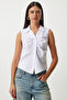 Women's White Drawstring Detail Sleeveless Shirt Ul00030 - 2