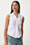 Women's White Drawstring Detail Sleeveless Shirt Ul00030