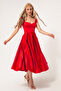 Women's Red Strap Flared Cut Midi Satin Evening Dress - 3