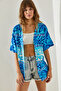 Women's Blue Ethnic Patterned Short Sleeve Viscose Kimono 60251374 - 3