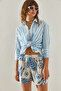 Women's Blue Patterned Linen Shorts & Bermuda with Pocket Detail 60251380 - 2