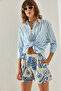 Women's Blue Patterned Linen Shorts & Bermuda with Pocket Detail 60251380 - 4