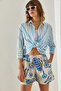 Women's Blue Patterned Linen Shorts & Bermuda with Pocket Detail 60251380 - 3