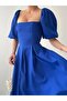Women's Balloon Sleeve Strapless Neckline Satin Fabric Flared Short Balloon Sleeve Midi Length Blue Cobalt 104 - 7