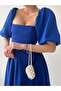 Women's Balloon Sleeve Strapless Neckline Satin Fabric Flared Short Balloon Sleeve Midi Length Blue Cobalt 104 - 6