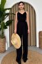 Women's Cotton Aerobin Fabric Back Low-cut Strappy Black Jumpsuit 124