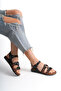 Genuine Leather Aleyna Black Strappy Adjustable Flat Sole Women's Sandals with Ethnic Detail - 3