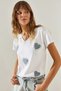 Women's White V-Neck Collar Jeans Heart Detailed Stoned T-Shirt 60251412 - 3