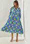 Women's Blue Ethnic Patterned Sleeve Elasticized Button Detailed 3754 Dress 60251402 - 6