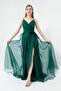Women's Emerald Green Double Breasted Neck Belted Long Silvery Evening Dress - 4