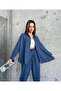 Women's Blue Two-Piece Linen Shirt and Pants Top and Bottom Set