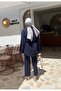 100% Cotton Navy Blue Detailed Side Tie Linen Fabric Kimono Set - 6