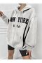 New York U.S.A Text Sweatshirt Zippered Cardigan - Gray Printed Oversize Pocket Winter Hoodie - 5