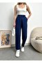 Women's Navy Blue Modal Blended Fabric Striped Shalwar Trousers with Elastic Waist Pockets - 3
