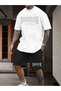 Brooklyn Lettering Design T-Shirt Shorts - White with Black Shorts T-Shirt Bottom Top Set Printed Crew Neck