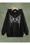 Butterfly White Design Sweatshirt Zippered Cardigan - Black Printed Oversize Pocket Winter Hoodie