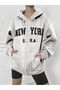 New York U.S.A Text Sweatshirt Zippered Cardigan - Gray Printed Oversize Pocket Winter Hoodie - 4