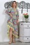 Light Lemon Double Breasted Collar 3/4 Sleeve Lining Tassel Allover Printed Woven Elastic Waist Design Dress - 6