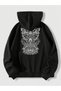 Skull Design Sweatshirt Zippered Cardigan - Black Printed Oversize Pocket Winter Hoodie