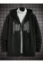 Boston Design Sweatshirt Zippered Cardigan - Black Printed Oversize Pocket Winter Hoodie