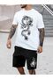 Dragon Pattern T-Shirt Shorts - White with Black Shorts T-Shirt Top and Bottom Set Printed Crew Neck