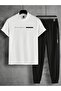 Balance Stripe T-Shirt Jogger Pants - White Black Printed Tracksuit Set Crew Neck - 2