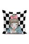 Checkerboard Floor Coffee Drinking Girl Motif Digital Printed Decorative Pillow Throw Pillow Cover