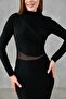 Long Sleeve, Flexible Sandy Fabric, High Collar, Transparent Low-cut Midi Length Black Evening Dress 10957 - 3