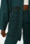 Women's Embroidered Sleeves, One-Sided Ruffled Petrol Color Shirt - 4