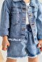 Light Blue Unisex Denim Shorts with Elastic Waist and Lint at the Ends - 2