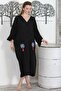 Black V-Neck 3/4 Sleeve Double Pocket Embroidered Casual Oversize Woven Dress - 3