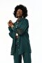 Women's Embroidered Sleeves, One-Sided Ruffled Petrol Color Shirt - 3