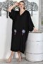 Black V-Neck 3/4 Sleeve Double Pocket Embroidered Casual Oversize Woven Dress - 2