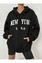 New York U.S.A Text Sweatshirt Zippered Cardigan - Black Printed Oversize Pocket Winter Hoodie - 4