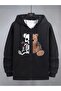Skeleton Bear Sweatshirt Zippered Cardigan - Black Printed Oversized Winter Hoodie with Pockets